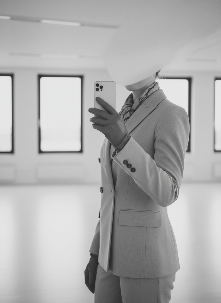 Muted light gray monochrome photograph of a business person holding a smartphone, soft low-contrast tones, clean minimal corporate aesthetic, faded washed-out grayscale