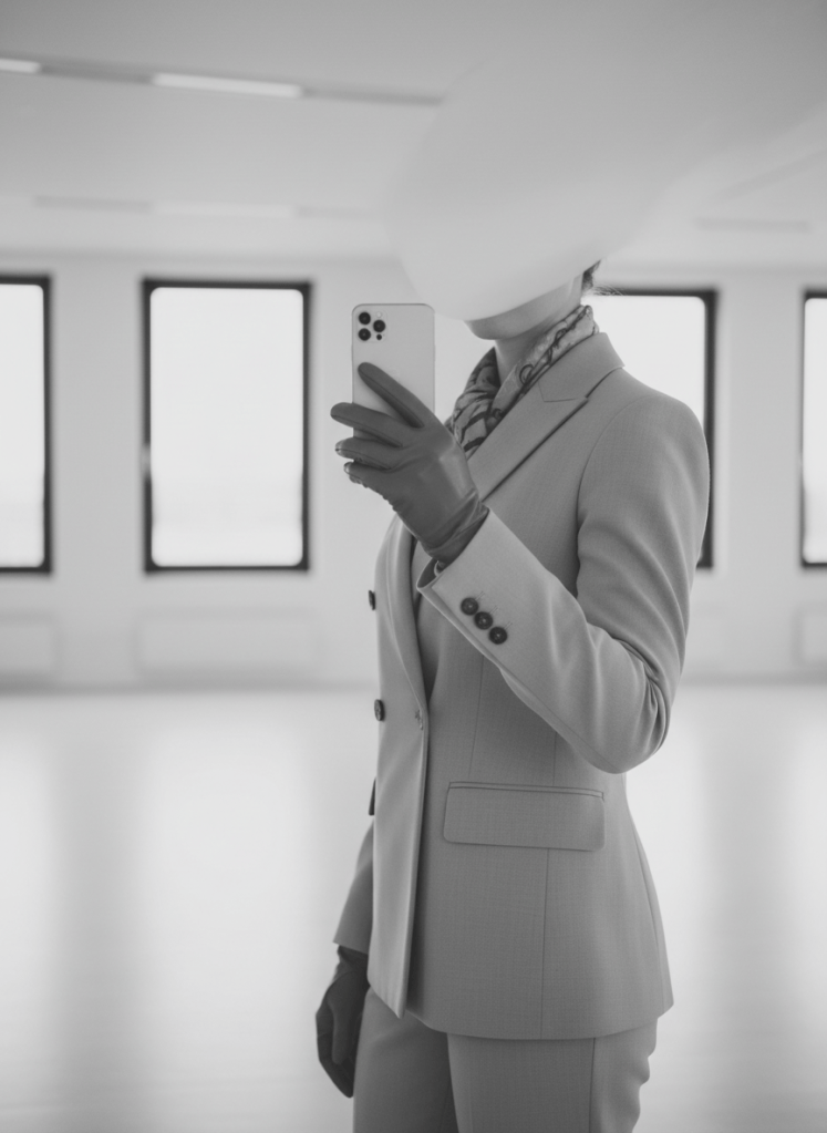 Muted light gray monochrome photograph of a business person holding a smartphone, soft low-contrast tones, clean minimal corporate aesthetic, faded washed-out grayscale