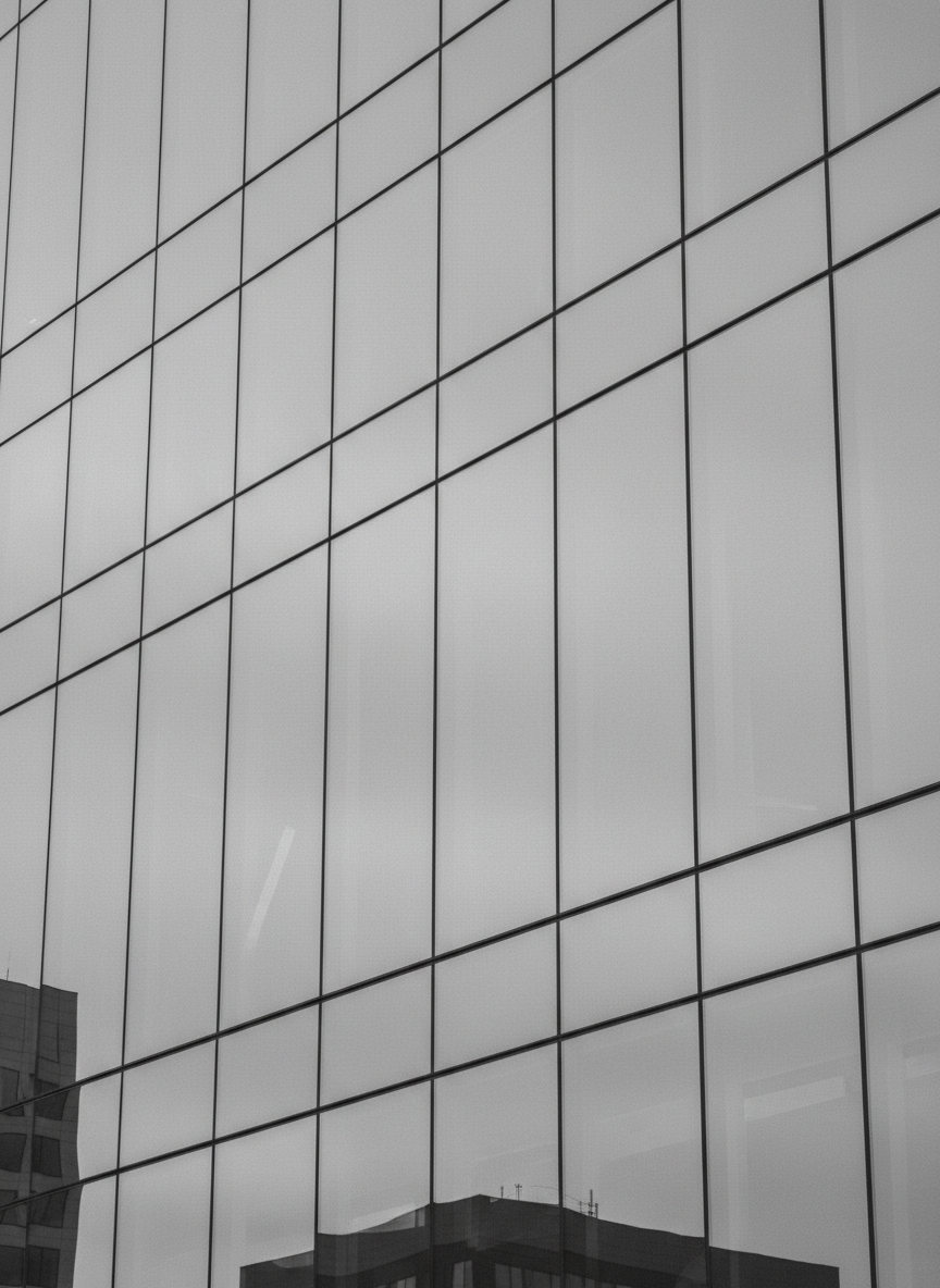 Muted light gray monochrome photograph of a modern glass office building facade with subtle reflections, soft low-contrast tones, clean minimal corporate aesthetic, faded washed-out grayscale