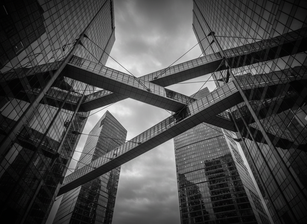 Dramatic black and white architectural photograph of modern glass skyscrapers connected by aerial bridges and steel cables, shot from a low upward angle, moody overcast sky, high contrast monochrome, sophisticated corporate atmosphere, no people, no text