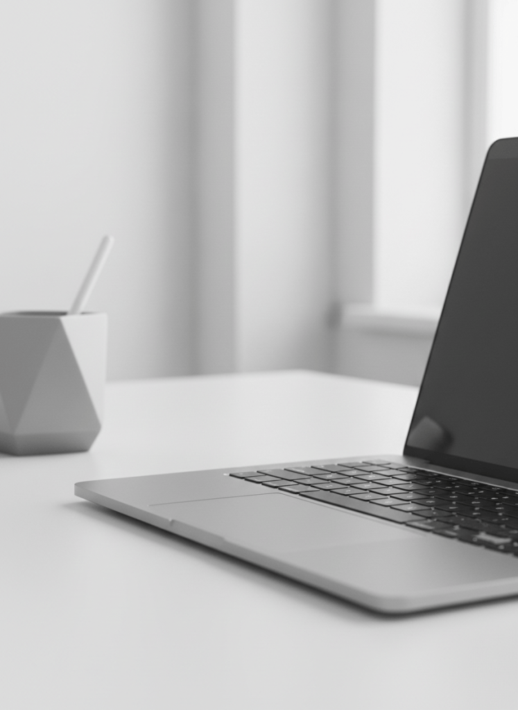 Muted light gray monochrome close-up photograph of a minimalist office desk with a laptop keyboard, soft low-contrast tones, clean corporate aesthetic, faded almost washed-out grayscale